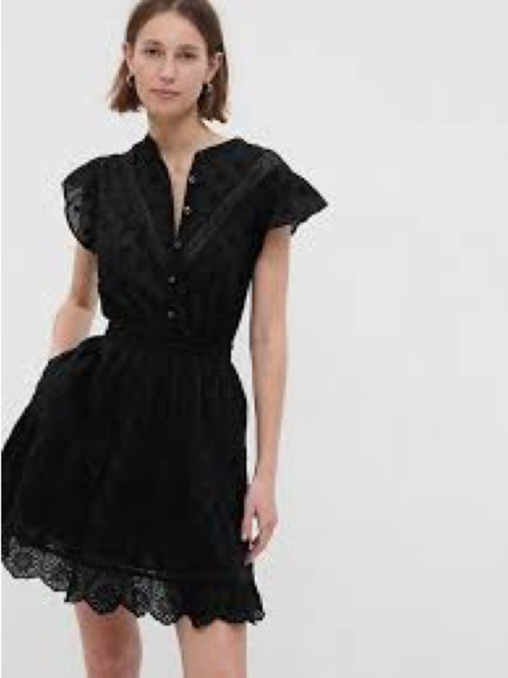 GAP Black Eyelet Button-Front Mini Dress with Scalloped Hem